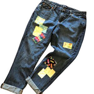 Patchwork Denim Capri Pants: Upcycled Gap Summer Patch Cropped Jeans, 30 Waist